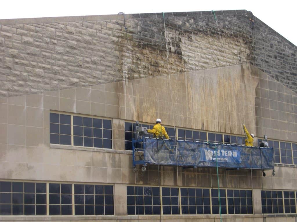 The exterior limestone facade of Allen Fieldhouse was cleaned in 2005. 