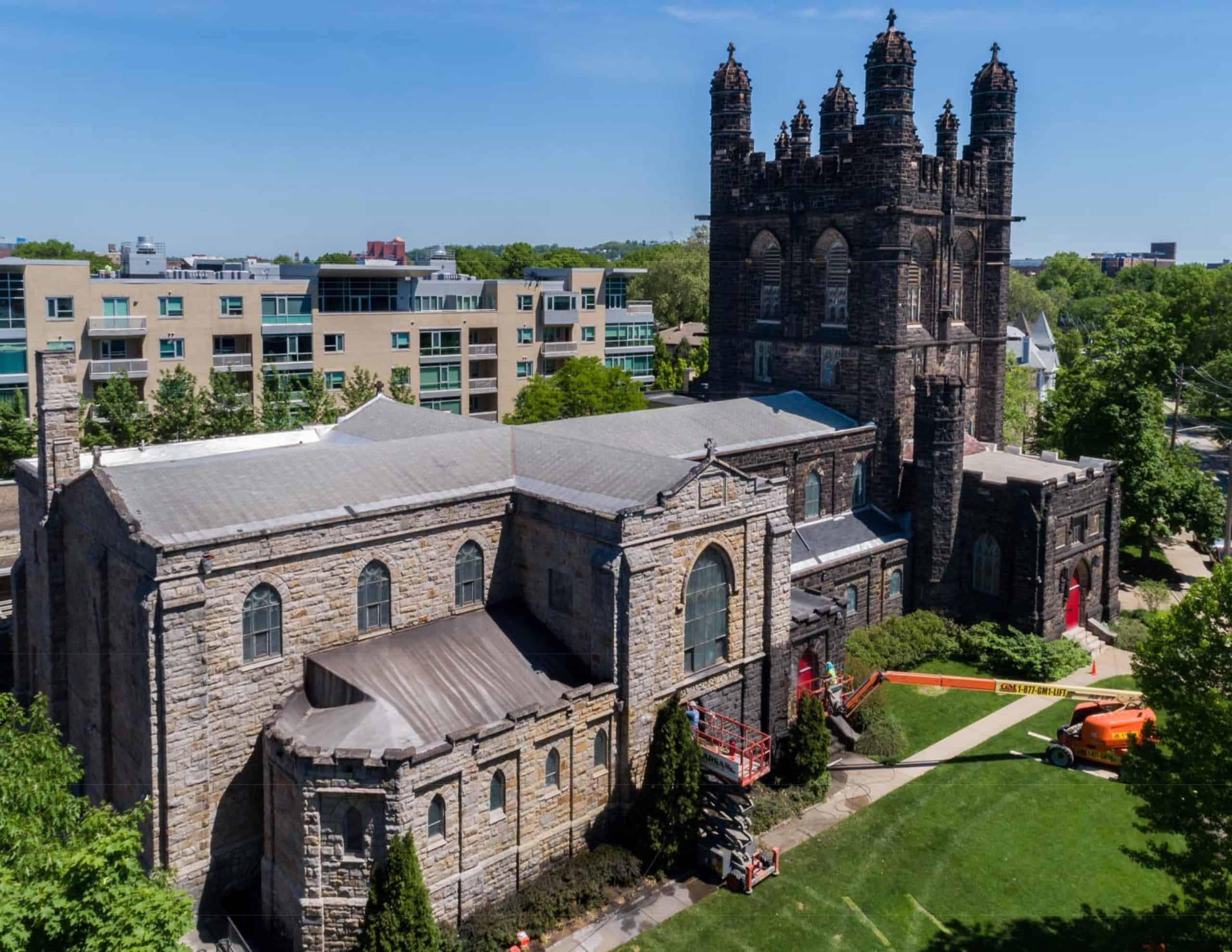The sandstone exterior of the Church of Ascension in Pittsburgh, Pa., was cleaned in 2020. 