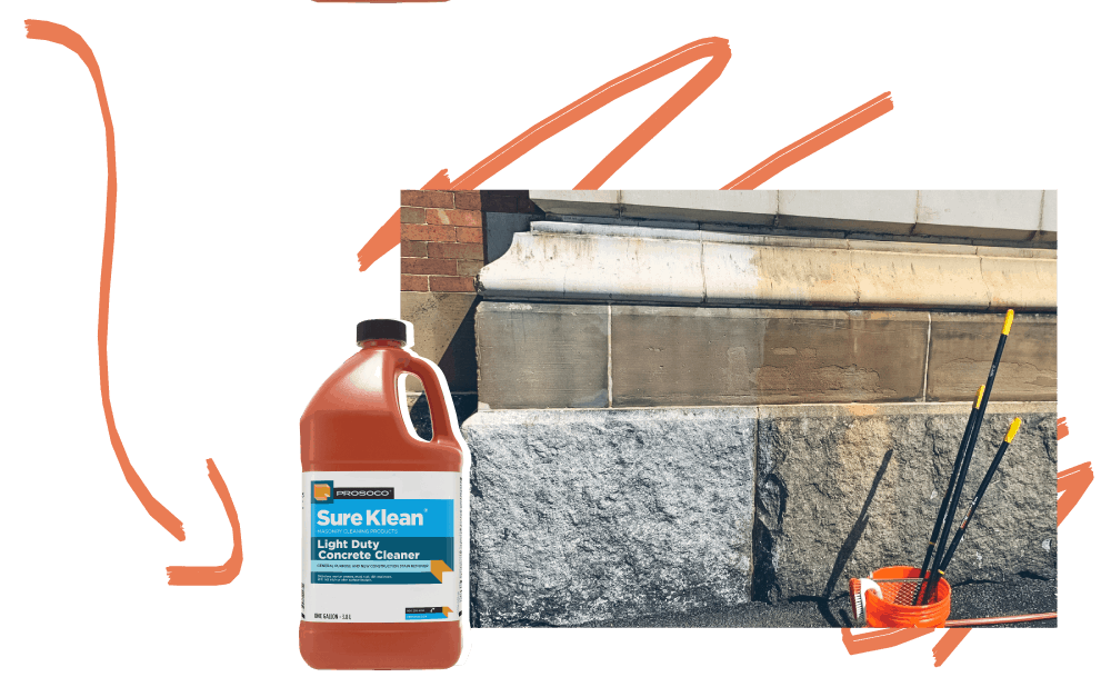 This test area on a limestone facade was cleaned with Light Duty Concrete Cleaner.