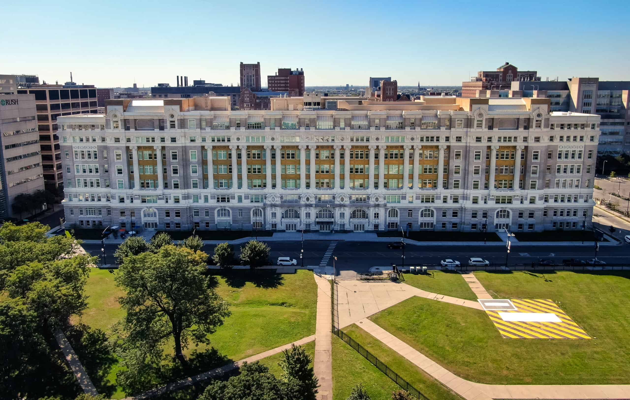 The old Cook County Hospital in Chicago has been recently restored and adapted into a hotel and commercial spaces. 