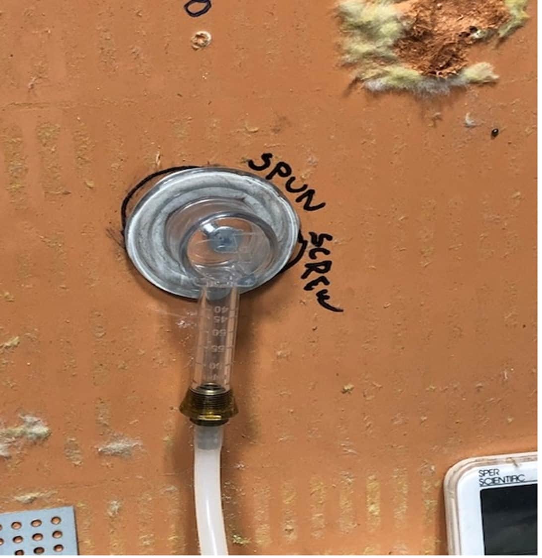 Figure 20.
When the spun fastener was tested for air leakage. One (1) cc of air flowed directly through the opening every second with the fastener still intact. For that reason, we choose to remove the fastener and seal the open hole.
