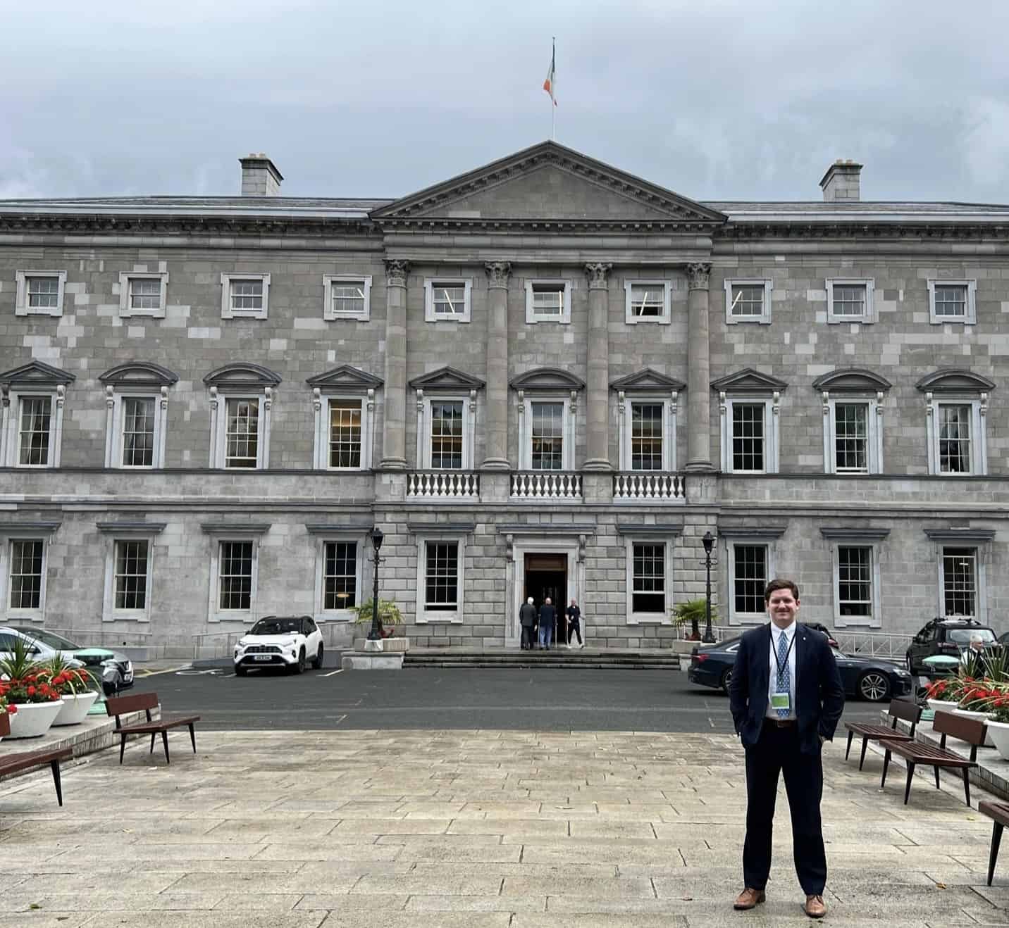 Leinster House, Dublin, Ireland. Constructed in 1748 as the city residence of the Duke of Leinster, now the seat of the Irish Parliament and two houses of the Oireachtas. Constructed almost entirely of ardbraccan limestone with granite profiling, Leinster House served as a key influence for the White House design conception by Irish architect James Hoban. Photo courtesy Shea McEnerney