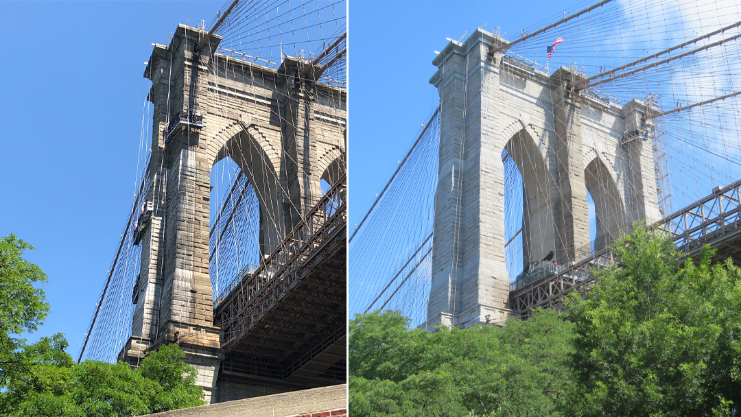 Before and after photos of a 2020-2023 cleaning of the Brooklyn Bridge
