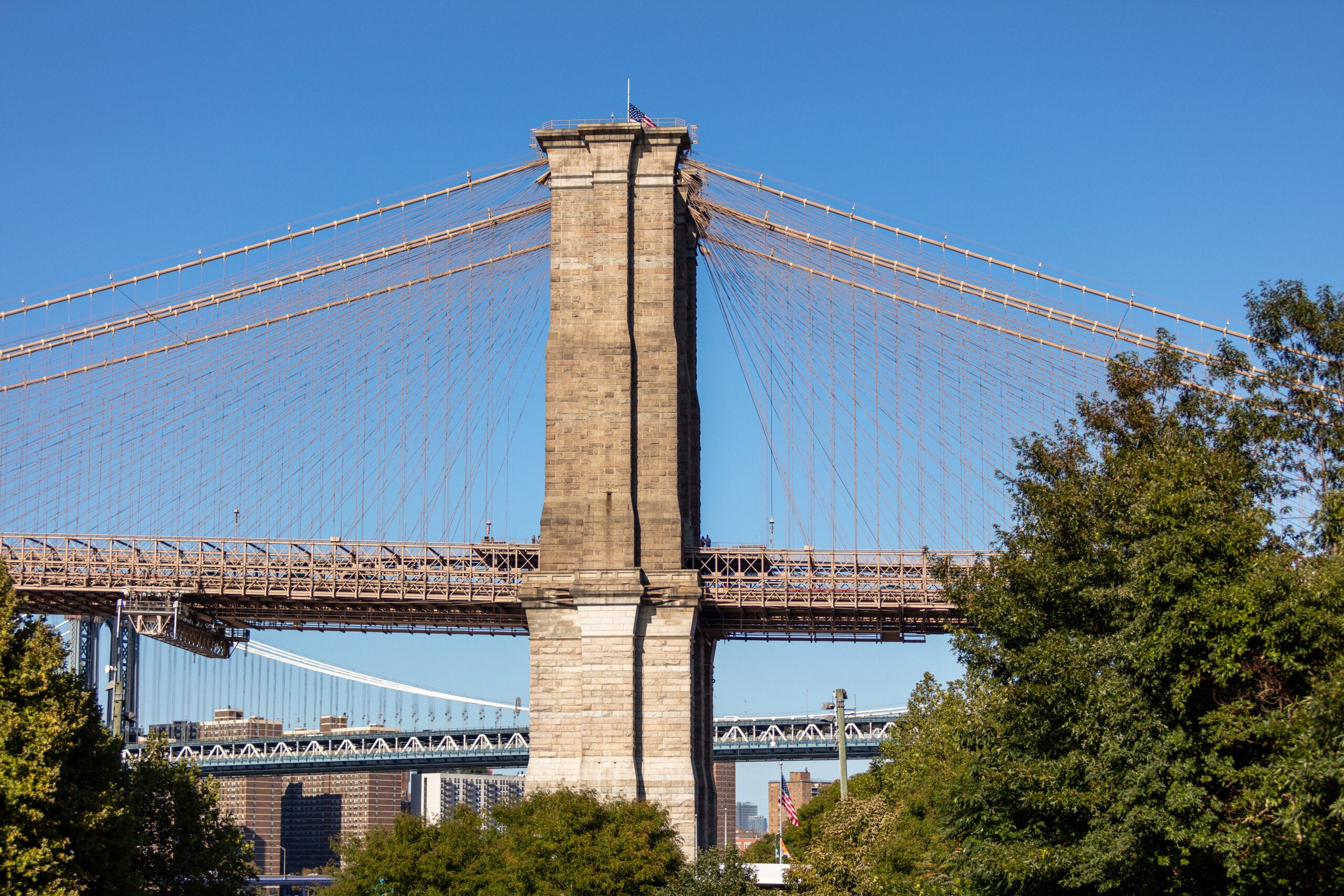 A general cleaning of the Brooklyn Bridge's masonry was performed with PROSOCO's Heavy Duty Restoration Cleaner. photo by Brandon Neubauer