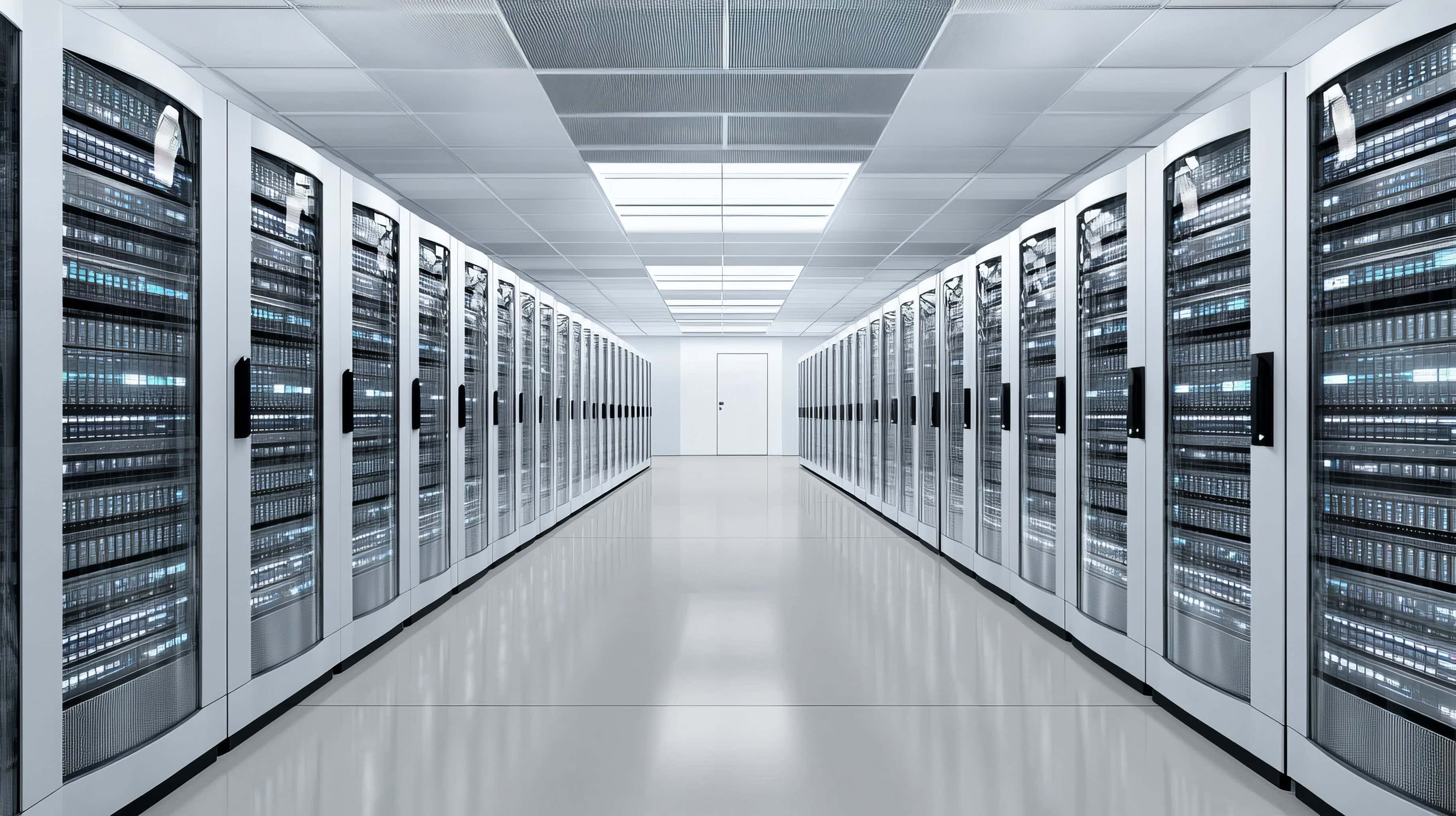 A sleek server room with rows of illuminated servers and cables