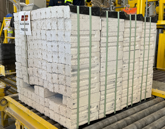 A pallet of concrete brick is ready to ship from Bilco Brick's facility in Lancaster, Texas